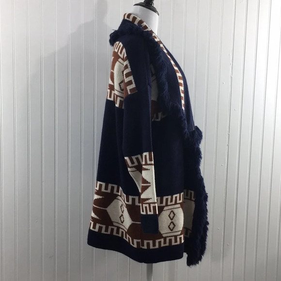 Cocogio Blue Brown Knit Aztec Cardigan Sweater Womens Small‎ Fringe Open Front - Picture 3 of 12